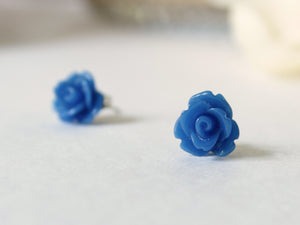 Single Bloom Rose Stud Earrings in Royal Blue