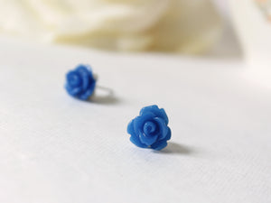 Single Bloom Rose Stud Earrings in Royal Blue