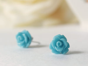 Single Bloom Rose Stud Earrings in Sky Blue