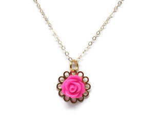 16" Tiny Petals Layering Necklace in Glossy Hot Pink Rose