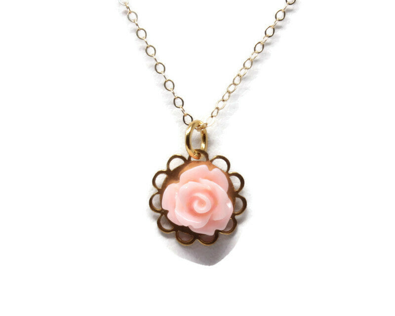 Tiny Petals Layering Necklace 16" ~ Sunset Pink Rose