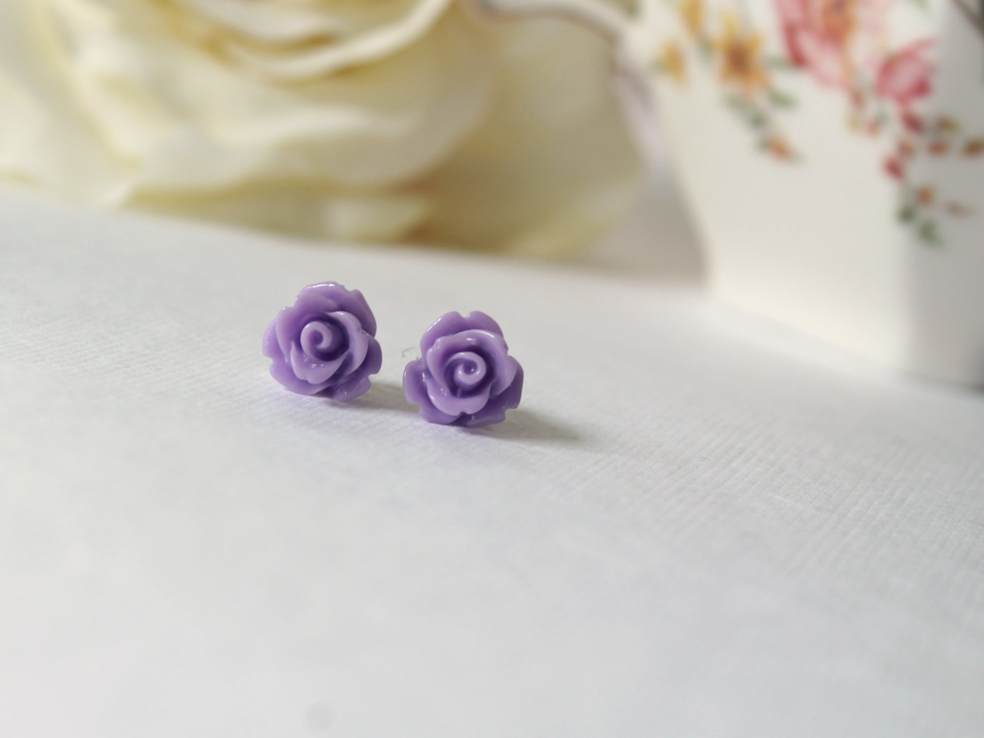 Single Bloom Rose Stud Earrings in Violet
